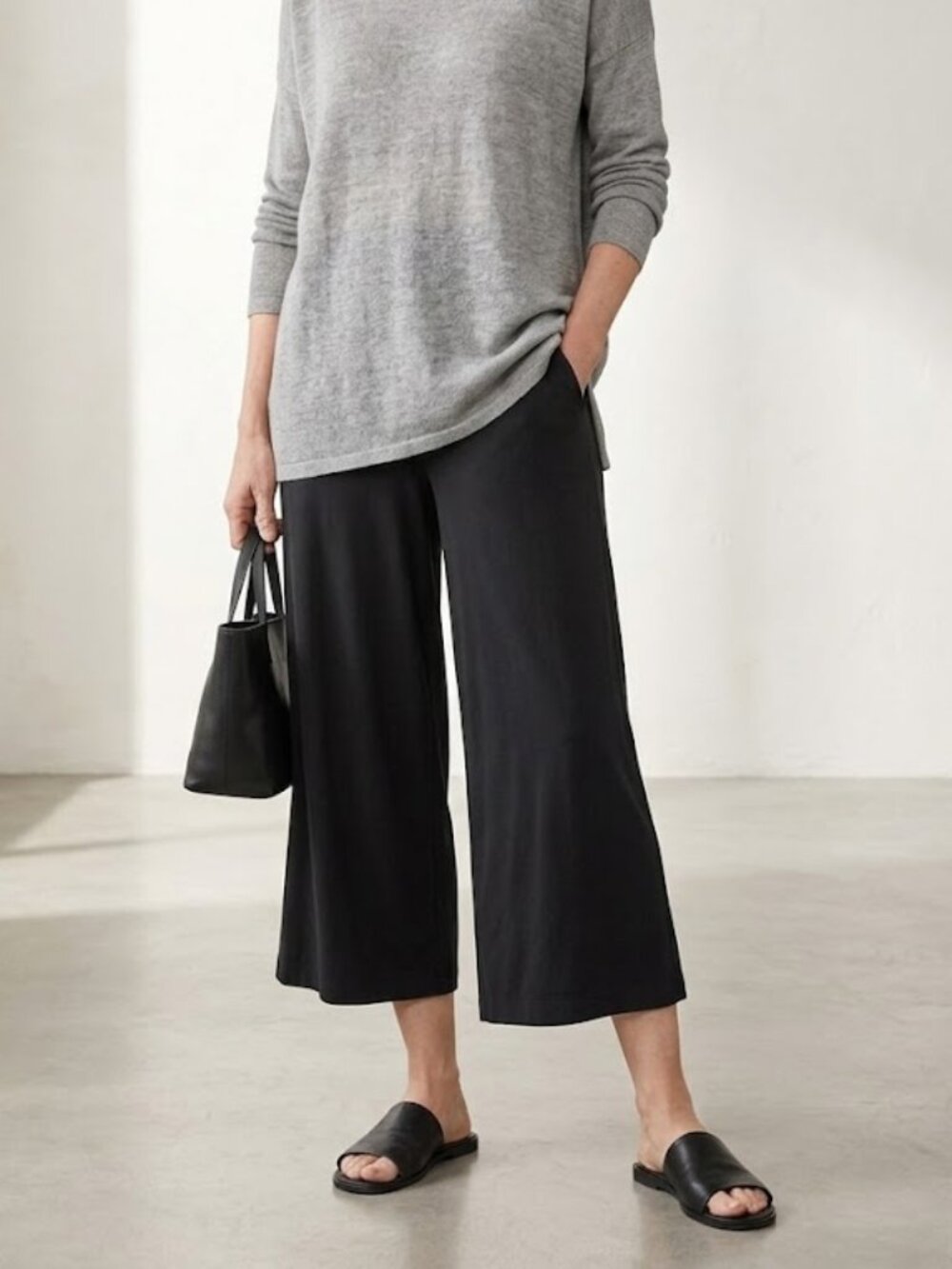 Eileen Fisher Black Tencel Stretch Jersey Wide-Leg Cropped Pants Size Large